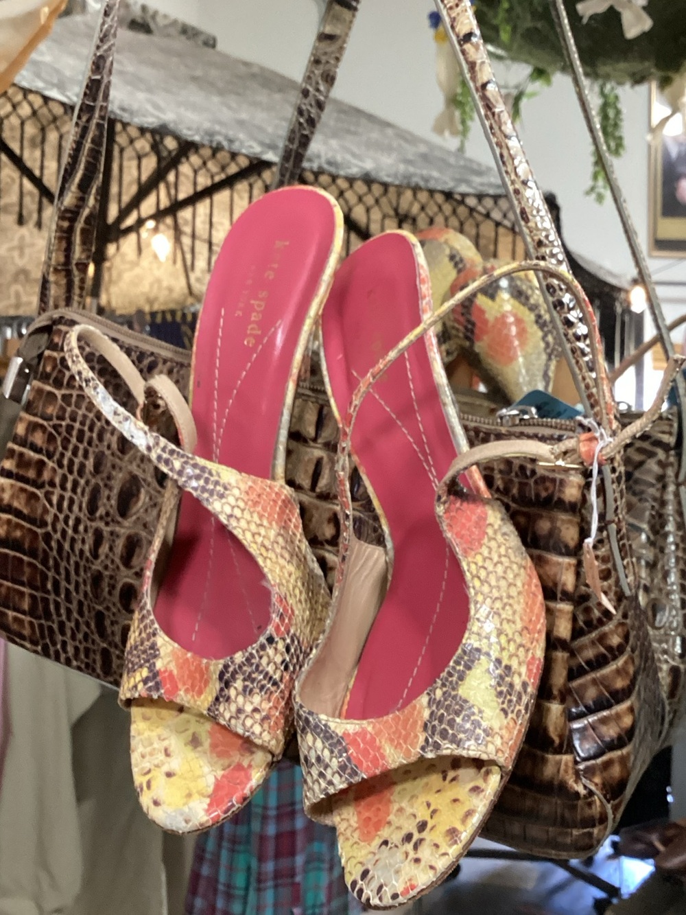 kate spade Yellow Multi Snakeskin Open-Toe Slingback Heels with Pink Insole
